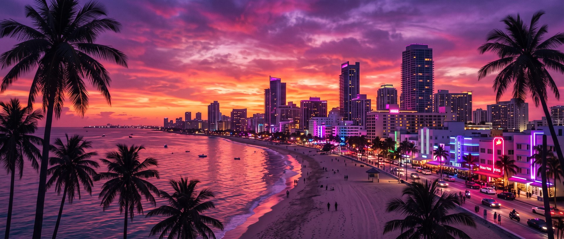 Grand Theft Auto VI Vice City Beach Twilight Skyline and Neon Boulevard